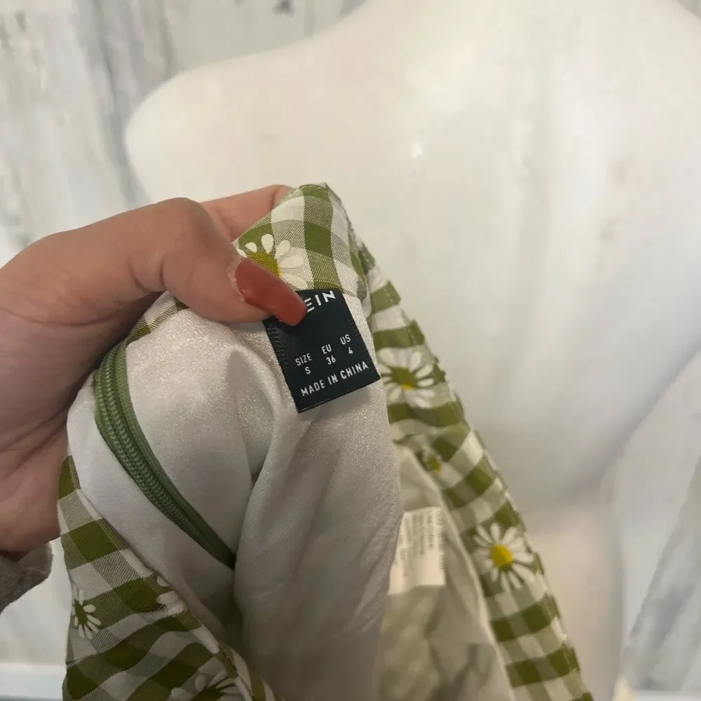 Green Gingham Daisy Print Ruffle Mini Skirt Cottagecore Size S